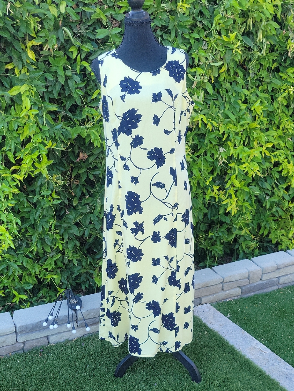 Yellow Sleeveless A Line Dress With Large Navy Floral Print  12P